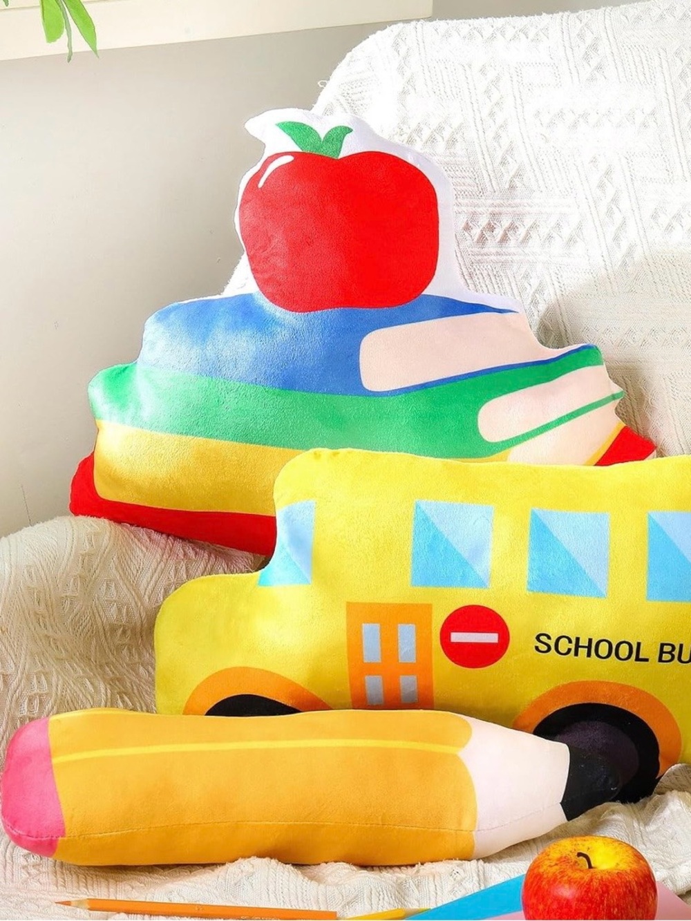 3 Pcs 16” Back to School Pillows Classroom School Bus & Books/Apple, Pencil